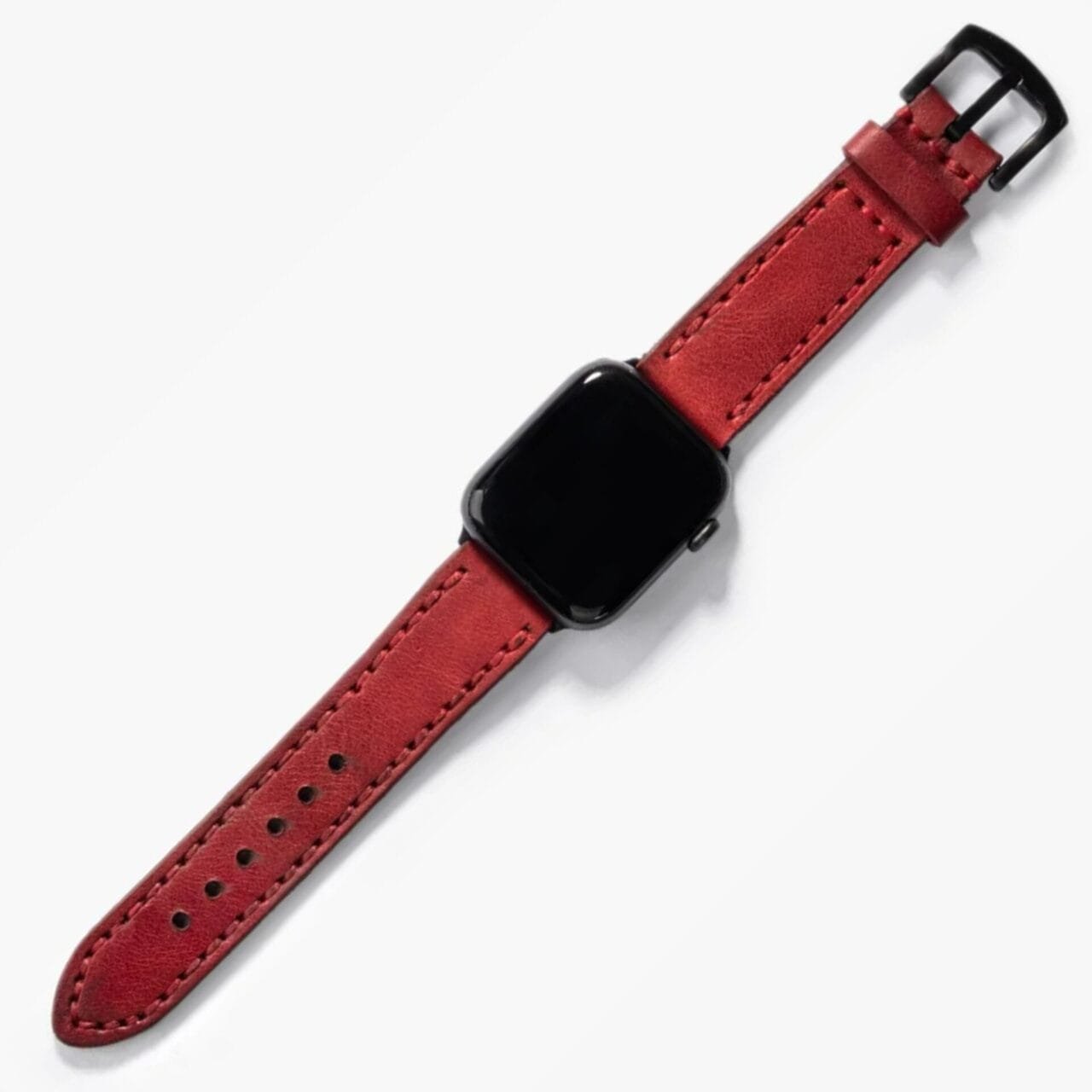 Çift Katlı Deri Apple Watch Kayışı – Kırmızı, düz yüzey üzerinde açık şekilde sergileniyor